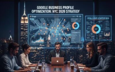 Professional SEO team in a New York office strategizing Google Business Profile optimization for NYC Local 3-Pack 2026.