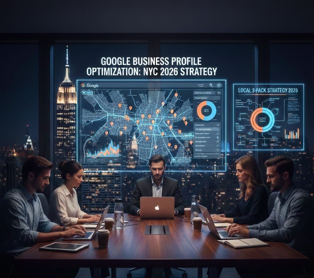 Professional SEO team in a New York office strategizing Google Business Profile optimization for NYC Local 3-Pack 2026.